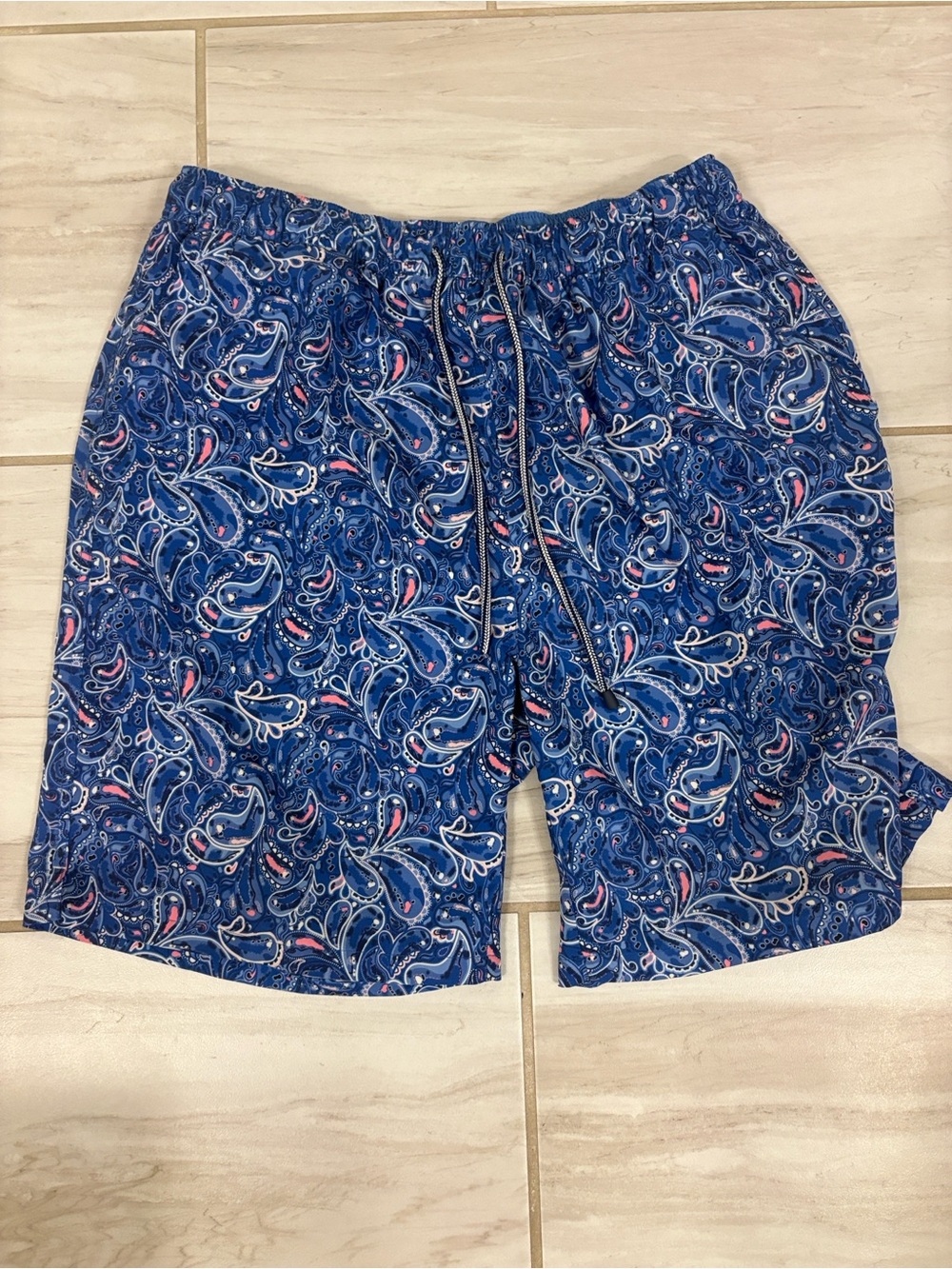 Peter Millar Navy Paisley Swim Trunks with Pink Accents